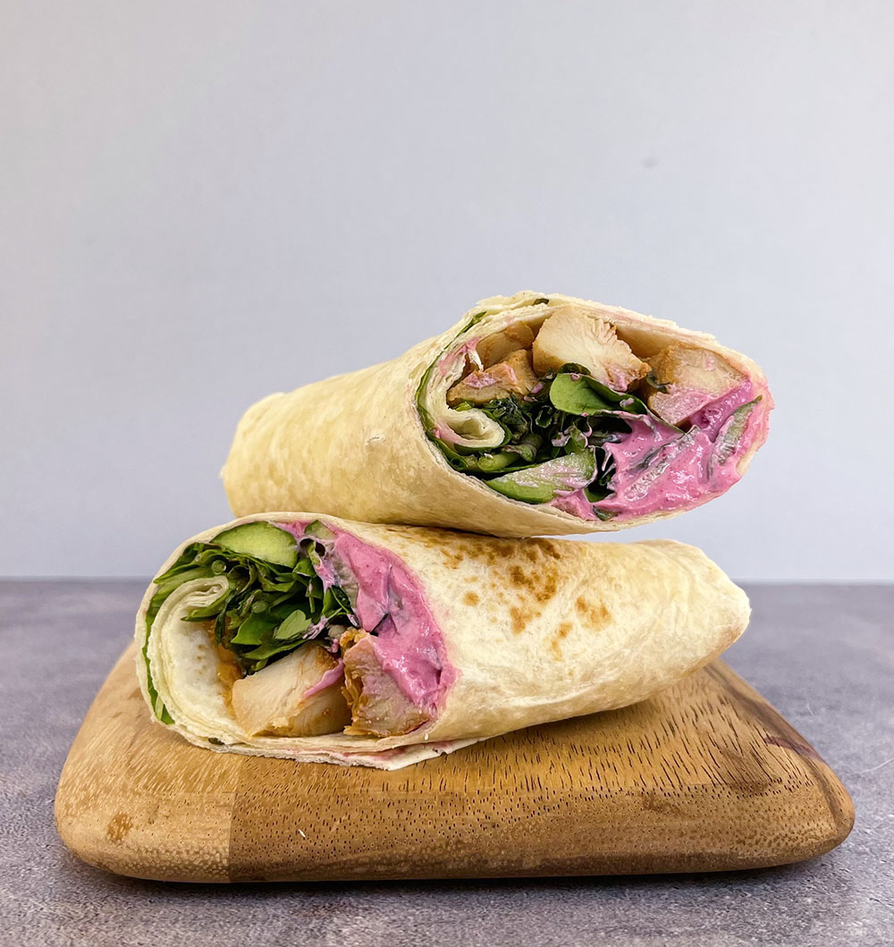 BBQ chicken wrap with yogurt and beet ketchup wrap